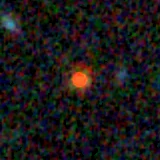 Colour composite: F444W red, F356W green, F277W blue, 3.2 arcsec across, north up