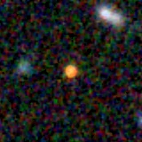 Colour composite: F444W red, F356W green, F277W blue, 3.2 arcsec across, north up