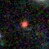 Colour composite: F444W red, F356W green, F277W blue, 3.2 arcsec across, north up