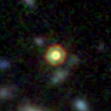 Colour composite: F444W red, F356W green, F277W blue, 3.2 arcsec across, north up