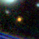 Colour composite: F444W red, F356W green, F277W blue, 3.2 arcsec across, north up