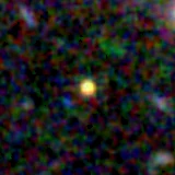 Colour composite: F444W red, F356W green, F277W blue, 3.2 arcsec across, north up