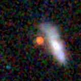 Colour composite: F444W red, F356W green, F277W blue, 3.2 arcsec across, north up