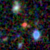 Colour composite: F444W red, F356W green, F277W blue, 3.2 arcsec across, north up