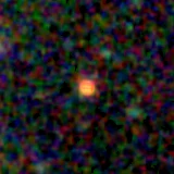 Colour composite: F444W red, F356W green, F277W blue, 3.2 arcsec across, north up