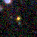 Colour composite: F444W red, F356W green, F277W blue, 3.2 arcsec across, north up