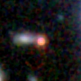 Colour composite: F444W red, F356W green, F277W blue, 3.2 arcsec across, north up