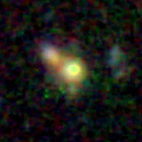 Colour composite: F444W red, F356W green, F277W blue, 3.2 arcsec across, north up