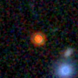 Colour composite: F444W red, F356W green, F277W blue, 3.2 arcsec across, north up