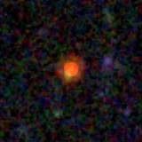 Colour composite: F444W red, F356W green, F277W blue, 3.2 arcsec across, north up