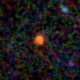 Colour composite: F444W red, F356W green, F277W blue, 3.2 arcsec across, north up