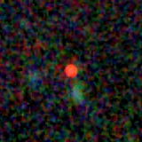 Colour composite: F444W red, F356W green, F277W blue, 3.2 arcsec across, north up