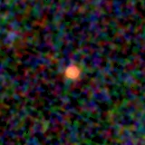 Colour composite: F444W red, F356W green, F277W blue, 3.2 arcsec across, north up