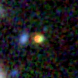 Colour composite: F444W red, F356W green, F277W blue, 3.2 arcsec across, north up