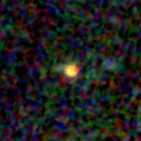 Colour composite: F444W red, F356W green, F277W blue, 3.2 arcsec across, north up