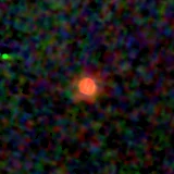 Colour composite: F444W red, F356W green, F277W blue, 3.2 arcsec across, north up