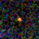 Colour composite: F444W red, F356W green, F277W blue, 3.2 arcsec across, north up