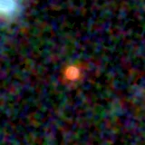 Colour composite: F444W red, F356W green, F277W blue, 3.2 arcsec across, north up