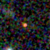 Colour composite: F444W red, F356W green, F277W blue, 3.2 arcsec across, north up