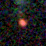 Colour composite: F444W red, F356W green, F277W blue, 3.2 arcsec across, north up