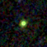 Colour composite: F444W red, F356W green, F277W blue, 3.2 arcsec across, north up