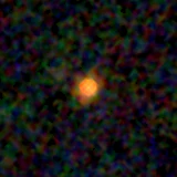 Colour composite: F444W red, F356W green, F277W blue, 3.2 arcsec across, north up