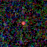 Colour composite: F444W red, F356W green, F277W blue, 3.2 arcsec across, north up