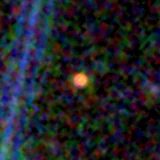Colour composite: F444W red, F356W green, F277W blue, 3.2 arcsec across, north up
