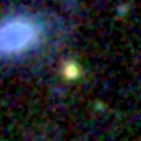Colour composite: F444W red, F356W green, F277W blue, 3.2 arcsec across, north up