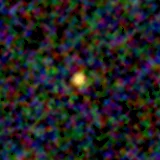 Colour composite: F444W red, F356W green, F277W blue, 3.2 arcsec across, north up