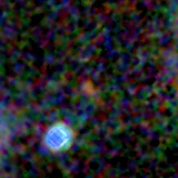 Colour composite: F444W red, F356W green, F277W blue, 3.2 arcsec across, north up