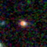 Colour composite: F444W red, F356W green, F277W blue, 3.2 arcsec across, north up