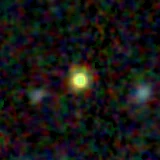 Colour composite: F444W red, F356W green, F277W blue, 3.2 arcsec across, north up