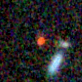 Colour composite: F444W red, F356W green, F277W blue, 3.2 arcsec across, north up