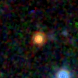 Colour composite: F444W red, F356W green, F277W blue, 3.2 arcsec across, north up