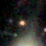 Colour composite: F444W red, F356W green, F277W blue, 3.2 arcsec across, north up