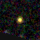 Colour composite: F444W red, F356W green, F277W blue, 3.2 arcsec across, north up