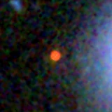 Colour composite: F444W red, F356W green, F277W blue, 3.2 arcsec across, north up