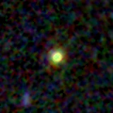 Colour composite: F444W red, F356W green, F277W blue, 3.2 arcsec across, north up