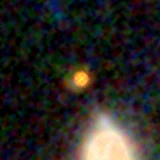 Colour composite: F444W red, F356W green, F277W blue, 3.2 arcsec across, north up