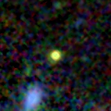 Colour composite: F444W red, F356W green, F277W blue, 3.2 arcsec across, north up