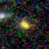 Colour composite: F444W red, F356W green, F277W blue, 3.2 arcsec across, north up