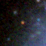 Colour composite: F444W red, F356W green, F277W blue, 3.2 arcsec across, north up