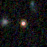 Colour composite: F444W red, F356W green, F277W blue, 3.2 arcsec across, north up