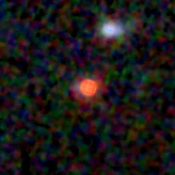 Colour composite: F444W red, F356W green, F277W blue, 3.2 arcsec across, north up