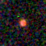 Colour composite: F444W red, F356W green, F277W blue, 3.2 arcsec across, north up