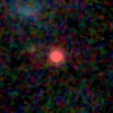 Colour composite: F444W red, F356W green, F277W blue, 3.2 arcsec across, north up