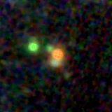 Colour composite: F444W red, F356W green, F277W blue, 3.2 arcsec across, north up