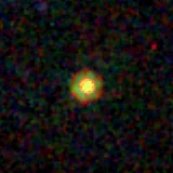 Colour composite: F444W red, F356W green, F277W blue, 3.2 arcsec across, north up