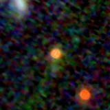 Colour composite: F444W red, F356W green, F277W blue, 3.2 arcsec across, north up